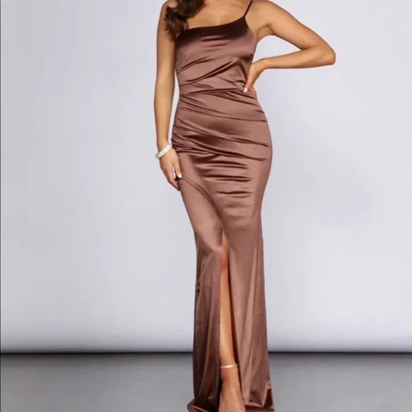 slim fit dress slacks The Emilia Dress – Chocolate | Tie-Shoulder Maxi main image 0